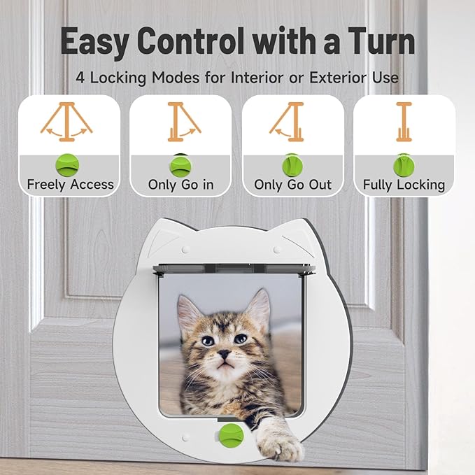 Cat Flap Door for Kitties, 4 Way Locking Pet Door for Interior Exterior Doors, Kitty Door, Indoor, Secured Installation in Minutes（White）