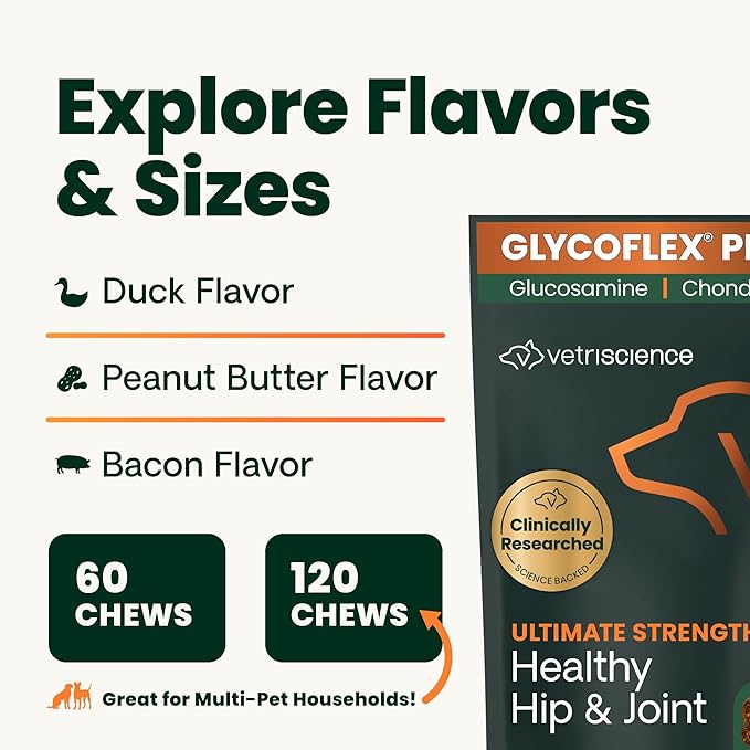 VetriScience Ultimate Strength Hip & Joint Supplement for Dogs, GlycoFlex Plus – MSM, Chondroitin & Green-Lipped Mussel Chews for Mobility, Flexibility, Comfort & Support, Bacon Flavor, 60 Cnt