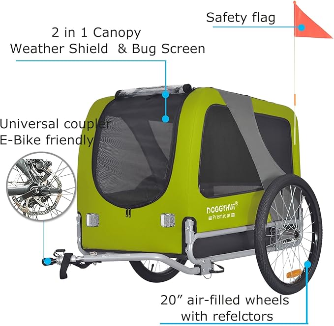 DOGGYHUT® Premium Large Pet Bike Trailer for Medium or Large Dog, Up to 78 lbs,Dog Bicycle Carrier,Low Center of Gravity,Easy Folding Frame