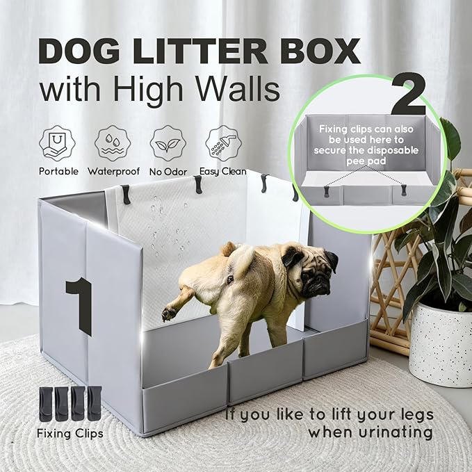 Dog Litter Box, Pee Pad Holder Foldable, Indoor Dog Potty Tray for Puppy & Medium Dogs, High Walls, Seamless, No Assembly, Waterproof, Easy to Clean, No Spill,Portable for Travel