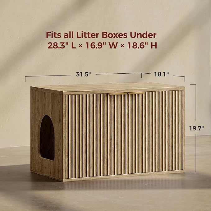Evermagin 31.5" Oak Cat Litter Box Enclosure Furniture, Large Hidden Litter Box Cabinet, Modern Bohemia Indoor Cat House Kitty End Table for Living Room, Entryway, Bedroom