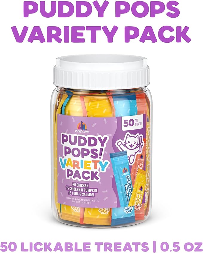 Weruva Puddy Pops, Lickable Cat Treats Variety Pack, 0.5oz Tube, Pack of 50