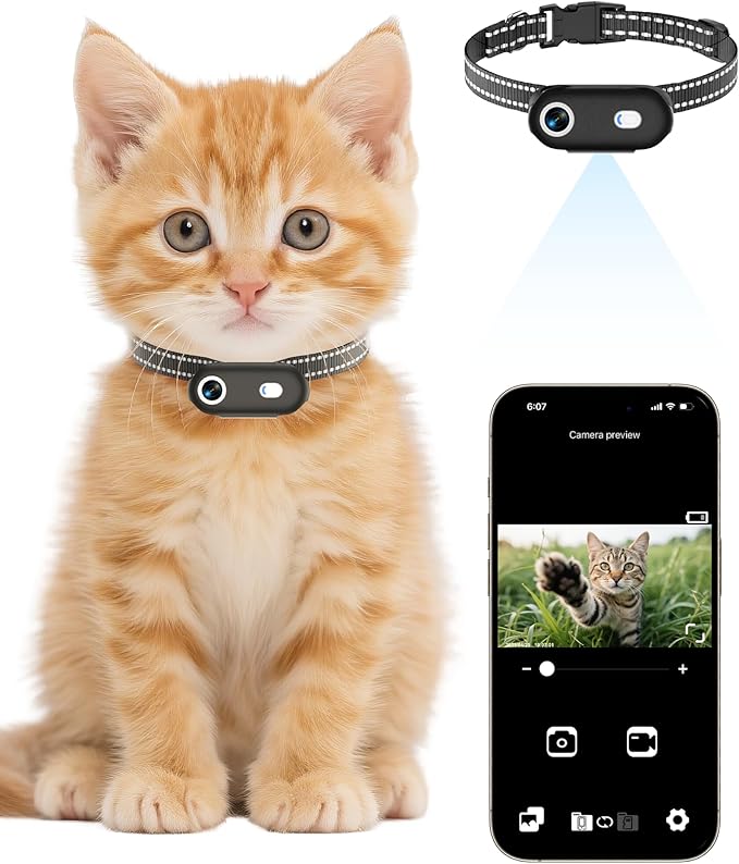 Cat Camera Collar with Phone APP, 1080P HD Video Recording Pet Camera Collar – Cordless Lightweight Rechargeable Pet POV Cam for Curious Cats & Adventurous Pups-XS-Size Cat Action Cameras