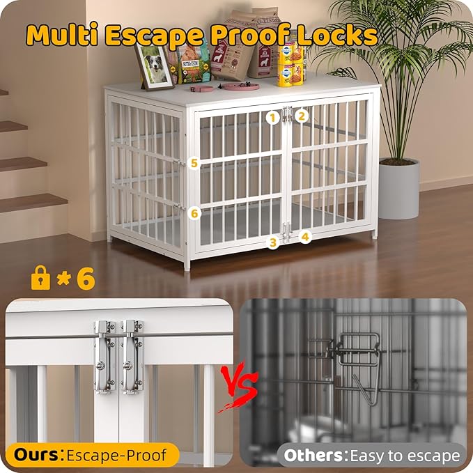 Heavy Duty Dog Crate Furniture – Indestructible Furniture Style Dog Kennel with Wooden Table Top, Escape-Proof Crate for High Anxiety Dogs, Decorative Indoor Pet House with Double Doors & Secure Locks