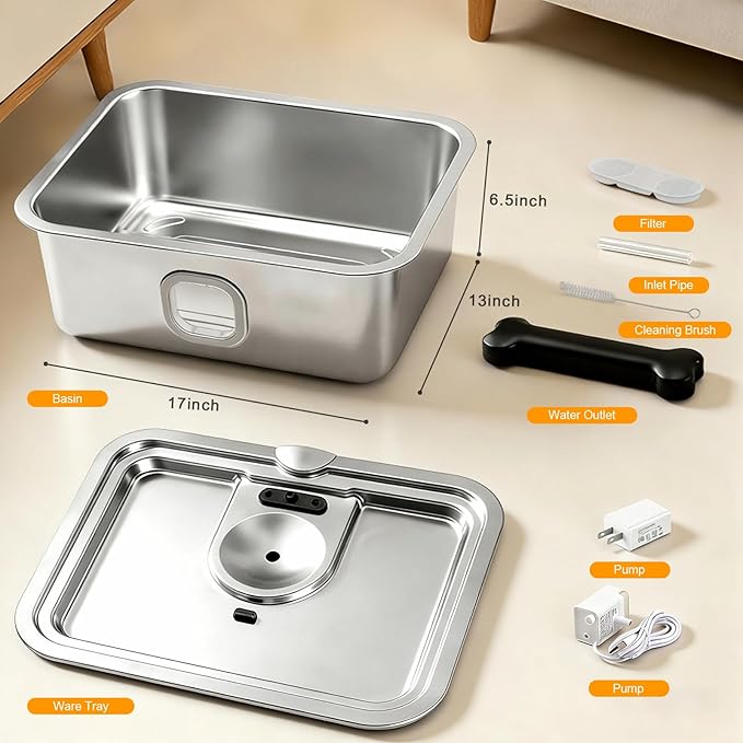 Large Water Fountain for Dog, 4Gallon Stainless Steel Pet Drinking Dispenser Automatic Fresh Flow Bowl Inside with Filter, 15L Extra Huge Refillable Water Dispenser Indoor