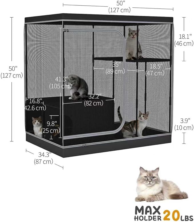 DINMO Large Cat Cage, Cat Enclosure Indoor with Litter Box, Cat Playpen for Adult Cats, Kittens & Small Animals, Multi-Level Kennel, Pet Playpen with Waterproof Floor, Black