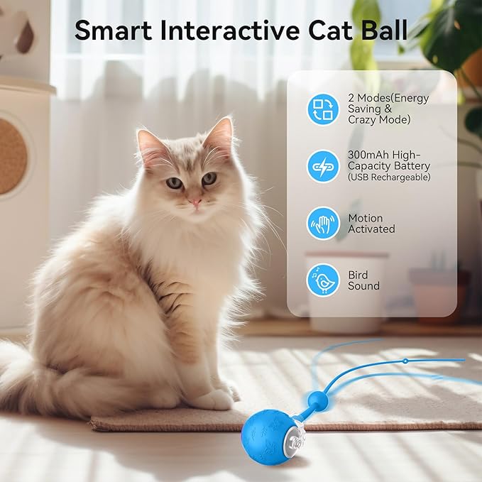 Interactive Cat Toys Ball for Indoor Cats Fast Rolling on Carpet, Chirping & Motion Activate Cat Toys, Slow/Nromal/Fast Mode, ON/Off Sound