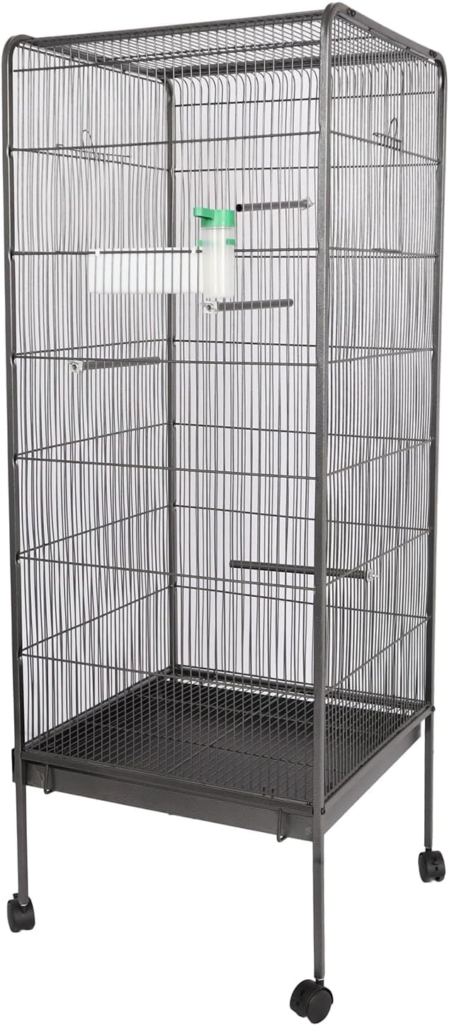 Steel Bird Cage with Rolling Stand, Plastic Feeder, PP Slide-Out Tray Large Flight Cage for Parrots, Parakeets, Cockatiels, Pigeons and Lovebirds Big Bird Cage Antique Gray As Shown