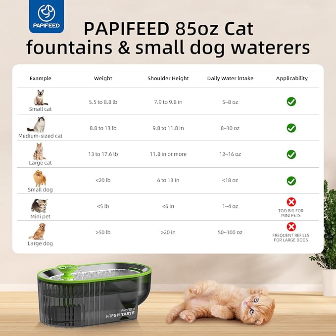 Cat Water Fountain Stainless Steel with a Silicone Mat, 84oz/2.5L Automatic Cat Water Fountain with Water Level Window and LED Light, Quiet Low Power Cat Water Bowl & Cat Water Dispenser (Green)