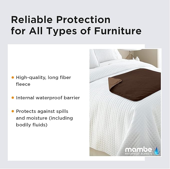Mambe Silky Waterproof Throw for Protecting Furniture Bed Couch from Stains Caused by Dogs, Cats, Incontinence. Soft, Washable, Reversible. (Size Medium 70x70 inches, Color Chocolate/Cappuccino)