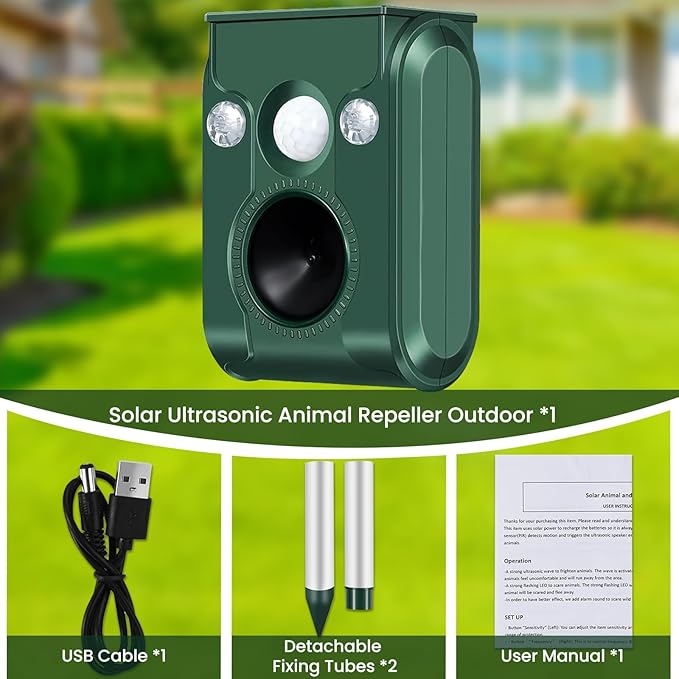 Cat Repellent Outdoor, Solar Ultrasonic Animal Repeller with Motion Sensor Waterproof Deer Repellent Devices Skunk Raccoon Squirrel Dog Cat Deterrent Outdoor for Garden Yard