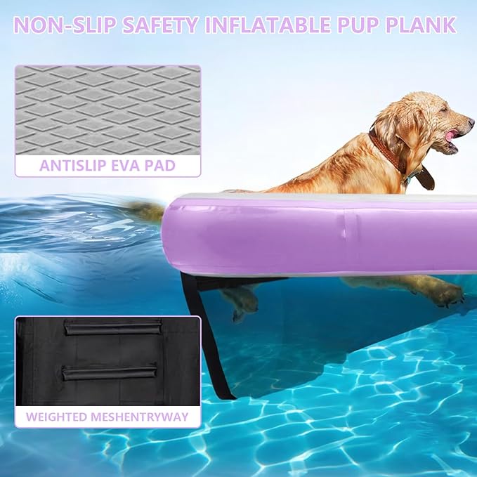 Inflatable Dog Water Ramp, Non-Slip Floating Dock Ladder for Pools, Boats & Lakes, Pool Ramp for Dogs Up to 200 Pounds, Purple