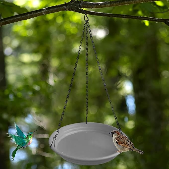 Hanging Bird Feeder and Waterer Tray Water Feeding Bowl Garden Decor with Chains Sturdy Birds Water Station for Backyard Yard, Grey