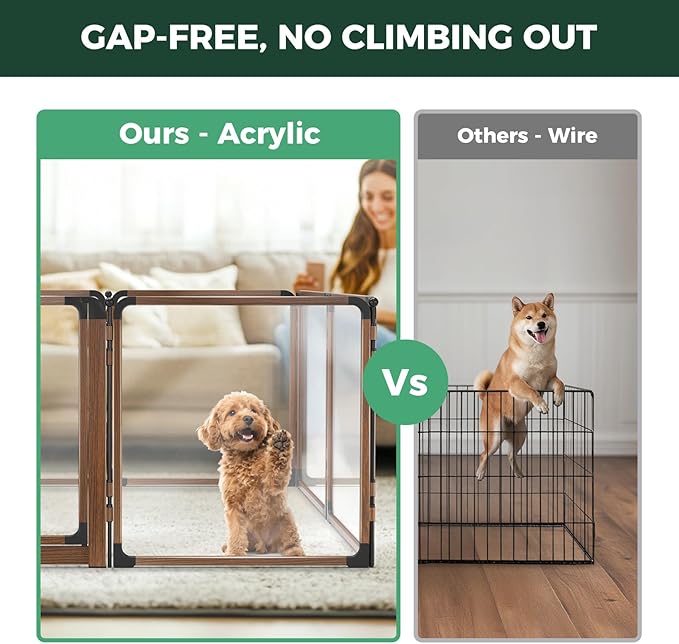FXW AuraSpace Pro Metal & Acrylic Indoor Dog Playpen, All-Acrylic Clear Heavy-Duty Design, 24" Height 6 Panels for Puppies & Small Dogs,Walnut│Patented