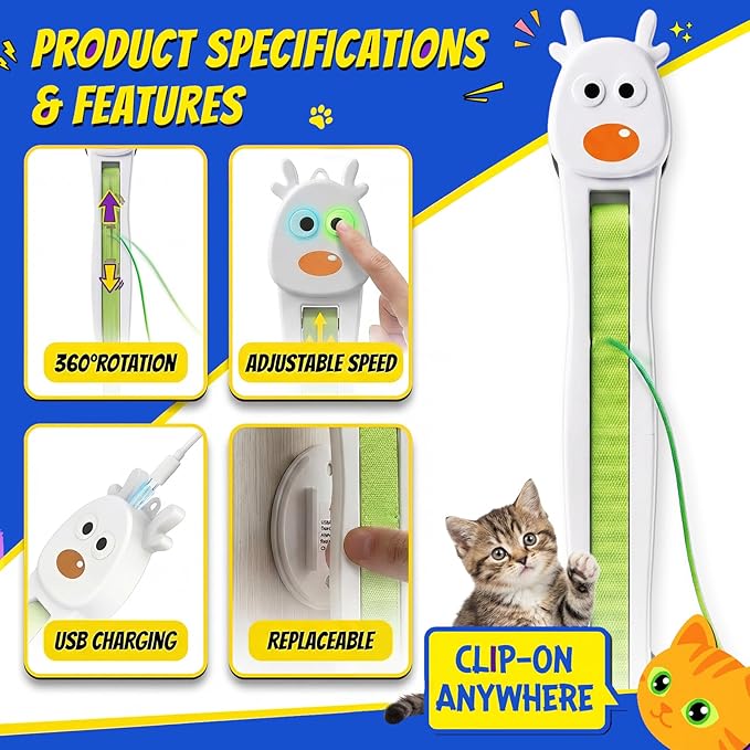 Interactive Cat Toys for Indoor Cats - Automatic Cat Toys with Motorized String Action, Sticking Door/Walls Electric Enrichment Stimulation Kitty Toy for Bored Indoor Adult & Kitten Cats (White)
