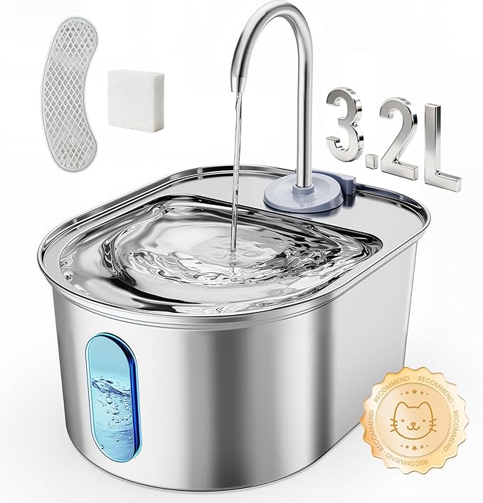 Stainless Steel Cat Water Fountain, 108oz/3.2L Automatic Pet Water Dispenser with Ultra-Quiet Pump, Safe Auto Shut-Off & Water Level Window for Cats and Dogs Indoors - Includes 1 Filter