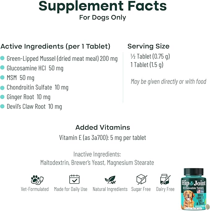 Natureflow Hip and Joint Supplement for Dogs, Arthritis Dog Joint Supplement with Green-Lipped Mussel, Glucosamine, MSM & Chondroitin, Zero Sugar Chewable Pills, Made in USA, Large Medium Small Breeds