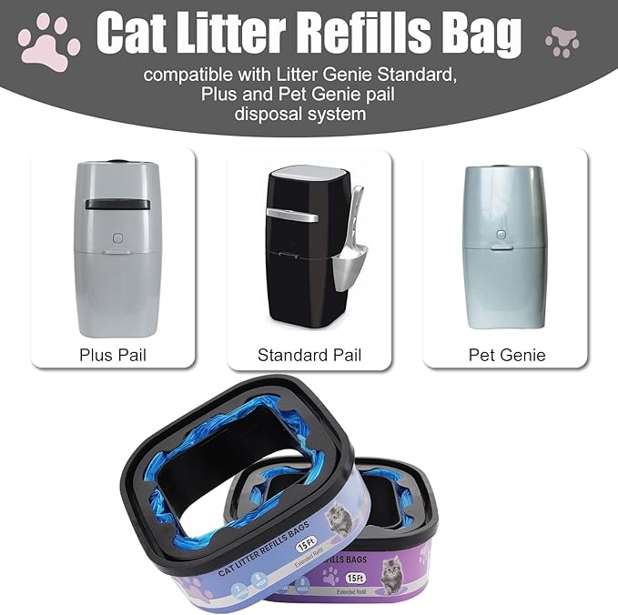 2 Pack Cat Litter Refill Bags Cartridges Compatible with Genie Cat Standard,Plus,Style,XL+ Pails,100% Odor Control