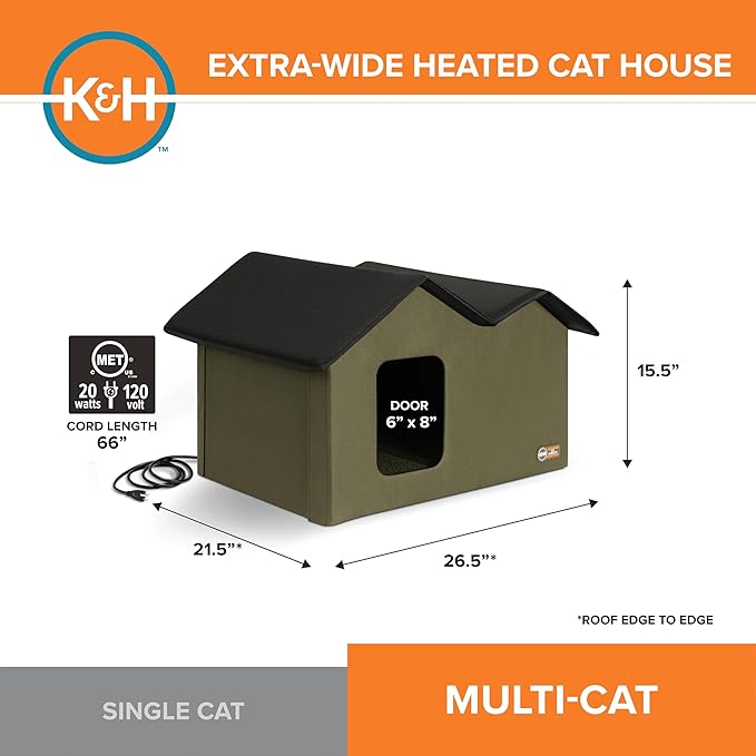 K&H Pet Products Extra-Wide Heated Cat House for Outside, Outdoor Cat House with 2 Safe Escape Doors, Weatherproof Insulated Stray & Feral Shelter with Waterproof Heated Bed, Safety Listed - Olive
