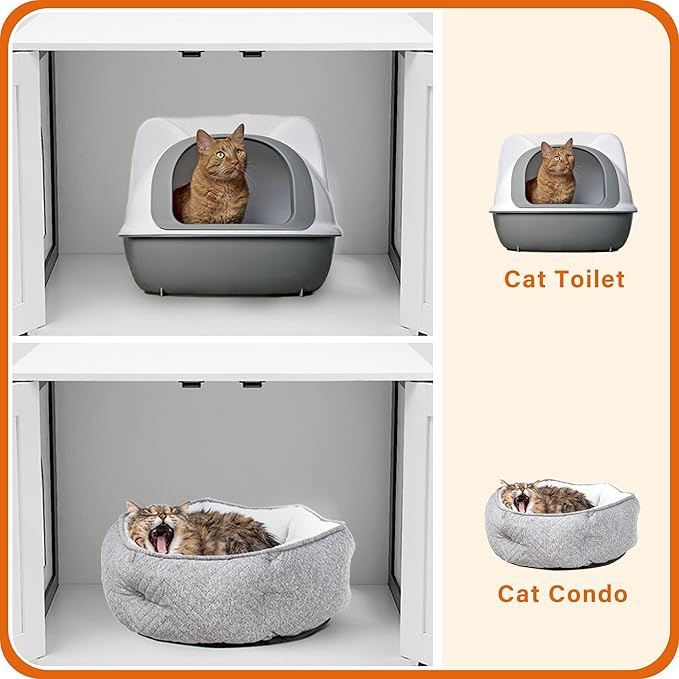 Dwanton Litter Box Enclosure, Cat Litter Box Furniture Hidden, Reversible Entrance Can Be on Left or Right Side, Wooden Cat Washroom Indoor, White, 27.6 Inches