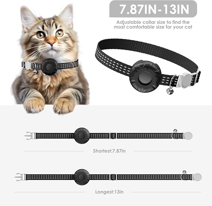 Cat Tracker, Waterproof Pet Tracker for Cats, Cat GPS Tracker Collar with Safety Elastic Buckle, Compatible with Apple Find My App (Only iOS), No Monthly Fee (Black Tracker, Black Cat Collar)