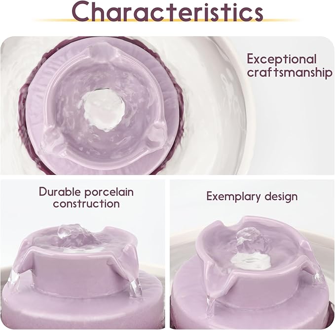 Ceramic Cat Water Fountain, 2.1L/71oz Cat Fountain with 3 Carbon Filters and 2 Water Pumps, Cupcake Pet Water Fountain for Cats and Dogs (Purple)