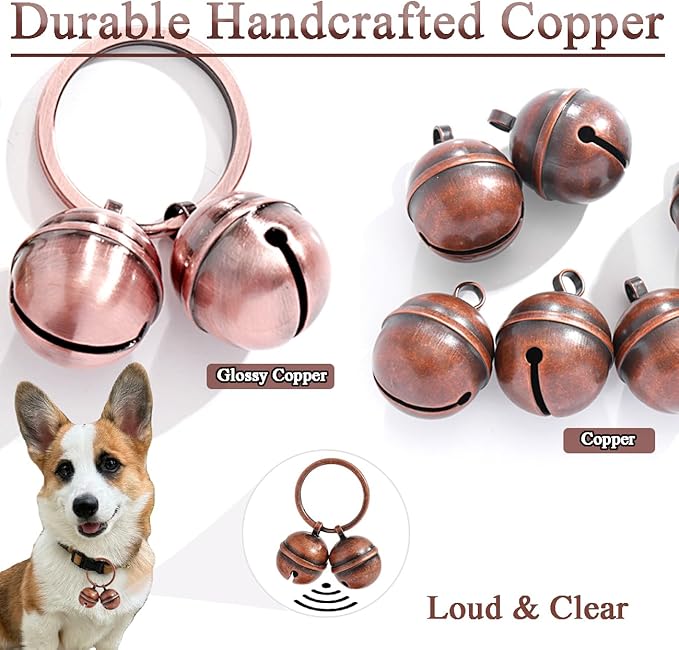 Copper Dog Bells for Collars with Quick-Release Clasp - Audible Safety Trackers for Medium to Large Dogs, Outdoor Collar Accessories(Glossy Copper+Copper, 2-Pack)