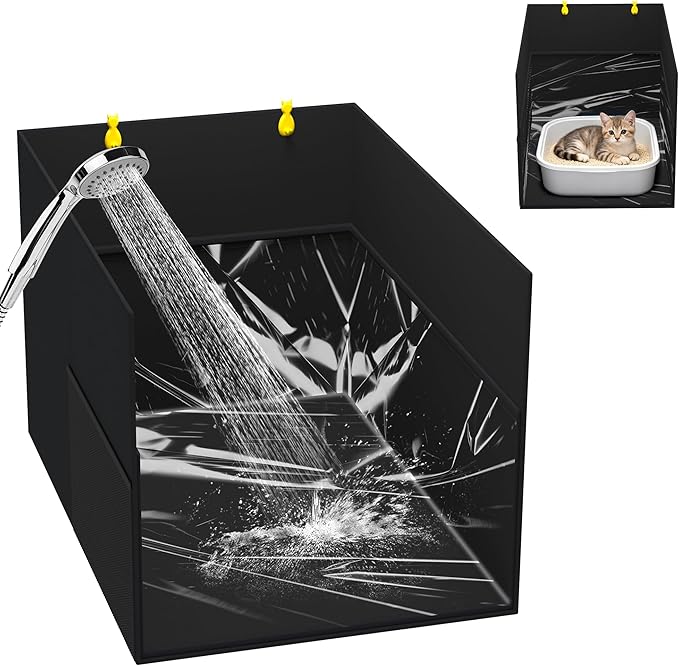 Aokeyee Waterproof Cat Litter Box Enclosure Splash Guard with Removable PVC Mat, Foldable Black Pet Litter Box Shield with 2 Hooks
