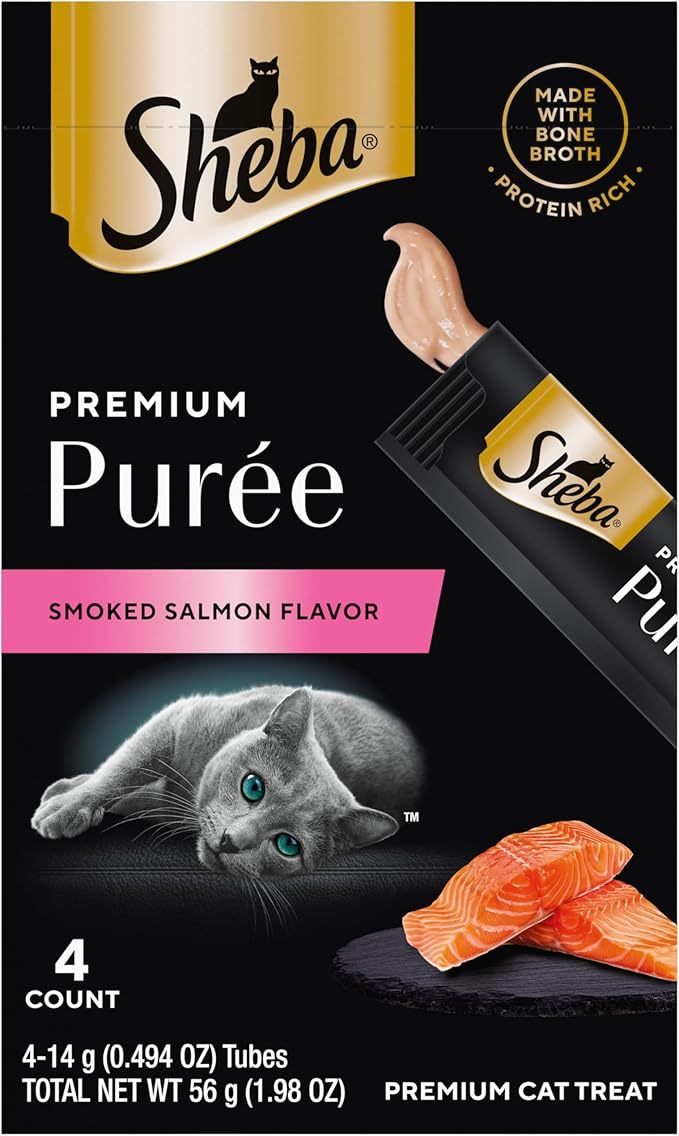 Sheba Premium Puree Cat Treats Lickable Smoked Salmon Flavor, 0.49 oz. Tubes, 4 Count (Pack of 11) – Total 44 Count