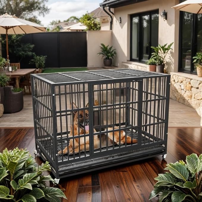 42 Inch Heavy Duty Dog Crate Cage with Wheels, Indestructible and Escape Proof Steel Kennel Indoor for High Anxiety Dogs with Sturdy Locks, Double Door and Tray, Extra Large XL XXL