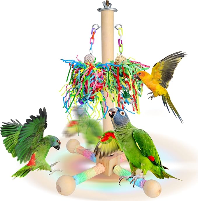 Mity rain Bird Toys - 2 in 1 Interactive Rotating Perch Toy with Foraging Toys, Flexible Stand for Parrots Lovebird Cockatiel Conure, Bird Playground for Small to Medium Birds, Bird Cage Accessories