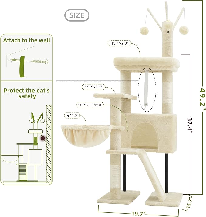 Cat Tree for Indoor Cats, Cat Tower with Scratching Post for Small Cats and Kittens, Cat House with Removable Top Platform and Fluffy Balls, Hanging Cat Basket, Beige GCT006SM