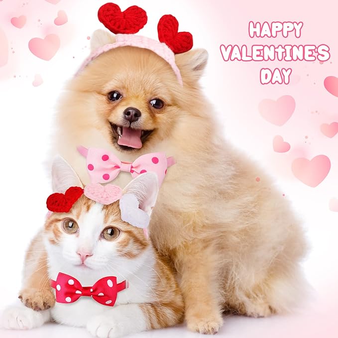 MTLEE 4 Pcs Valentines Day Heart Headband Neck Bow for Cat 2 Pet Neck Bow Cat 2 Headbands Valentines Day Headband with Ear Holes and Chin Straps Adjustable Dog Bows Tie Pink Red Heart Decor for Pets