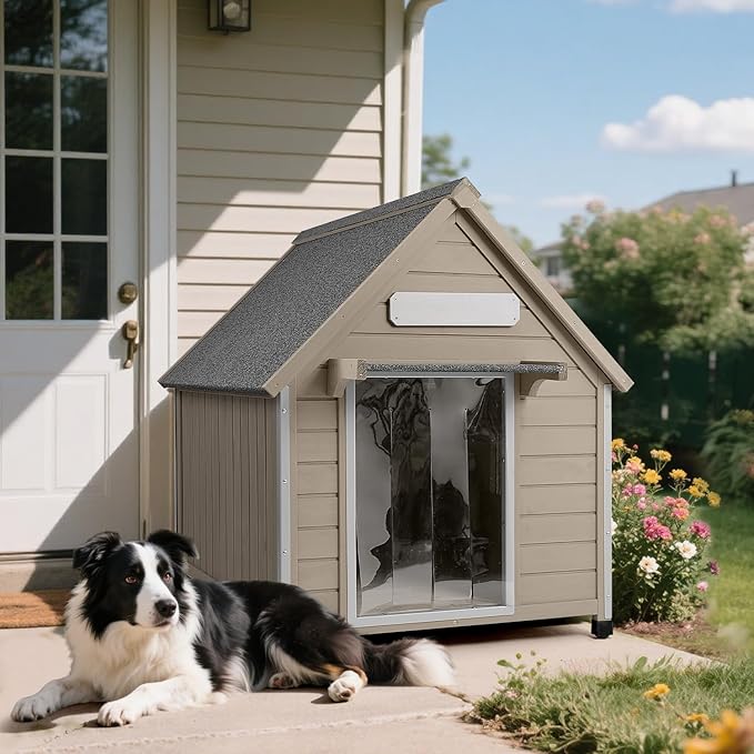 Large Dog House Outdoor with Window, Wooden Outdoor Dog House Kennel with Chew-Proof Iron Frame, Waterproof Roof, Doghouse Puppy Shelter for Dogs, 37.4''W x 30.5'L'x 39.3''H