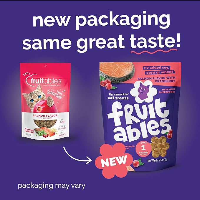 Fruitables Cat Treats - Healthy Low Calorie Crunchy Cat Treats - Packed with Protein, Limited Ingredients - Made with Real Salmon & Cranberry 2.5 oz (5 Pack)