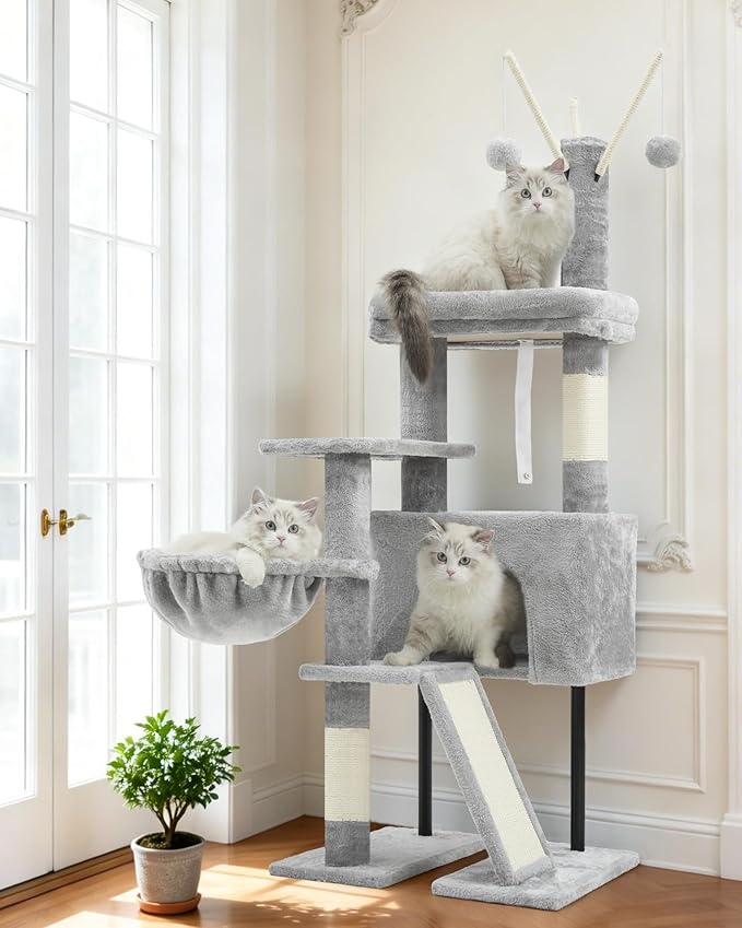Cat Tree for Indoor Cats, Cat Tower with Scratching Post for Small Cats and Kittens, Cat House with Removable Top Platform and Fluffy Balls, Hanging Cat Basket, Light Gray GCT006SW
