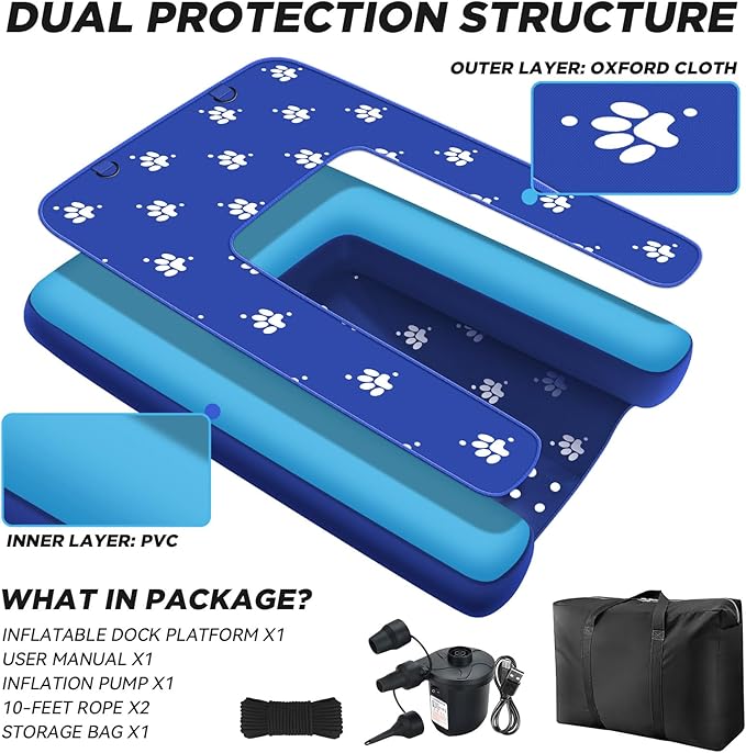 Inflatable Dock Platform with Electric Pump, Dog Boat Ramp Floating Non-Slip Oxford and PVC with Water Ramp for Dogs Pool, Dock, Lake with Traction Rope Dark Blue (4.7ft x 3ft x 6in)