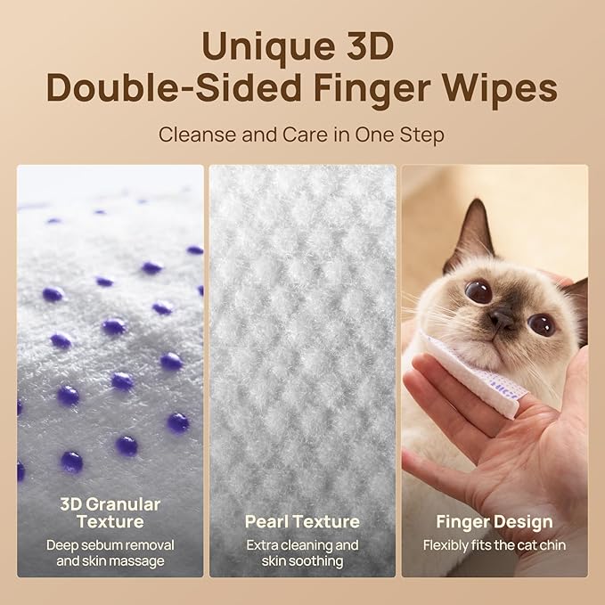HICC PET Cat Chin Acne Finger Wipes – Gentle Enzyme Complex Care for Feline Acne & Blackheads, Vet Recommended Daily Chin Cleaning Wipes, No-Rinse Natural Formula