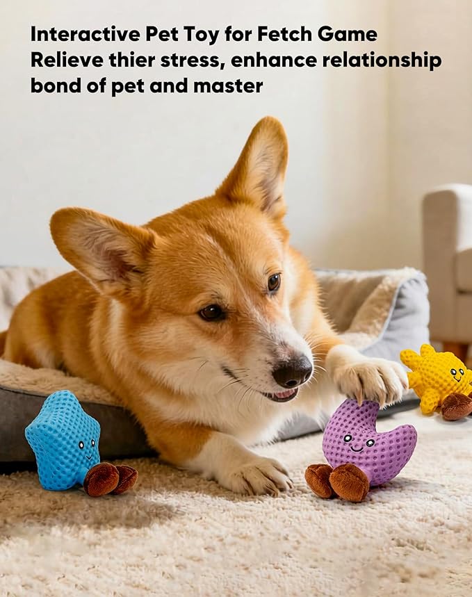 Deeow 3-in-1 Dog Toys Set: Star, Moon & Sun Plush Squeaky Pet Toys, Super Soft for Calming Play Enrichment, Best for Puppies, Small Medium Dogs with Anxiety, Dog & Cat Interactive Pet Gift