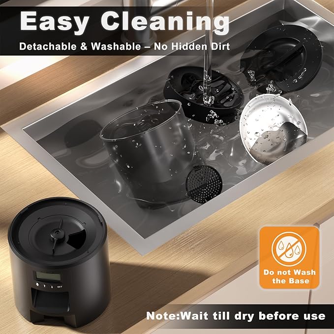Automatic Cat Feeder 4.2L Cats,6 Meals/Day,Dual Power Portion Control Feeder,Dry Pet Food Auto Dispenser,Timer Setting,10S Voice Record (Transparent Black, Stainless Steel 2 Bowls)