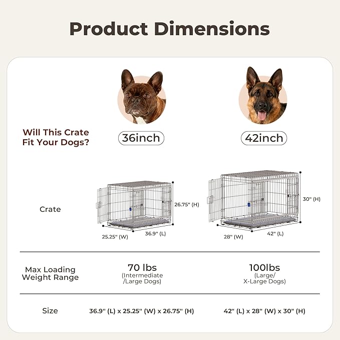 36 Inch Sliding Door Dog Crate - Heavy Duty Collapsible Dog Crates for Medium Dogs (30-70lbs), Double Door Metal Dog Kennel Cage with Soft Mat, Leak-Proof Tray, Easy Foldable & Assembly