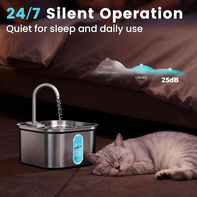 Cat Water Fountain Stainless Steel, 108oz/3.2L Quiet Automatic Cat Fountain for Drinking, Safe Auto Shut-Off, Large Square Pet Water Dispenser for Dogs Indoor with 1 Replacement Filter
