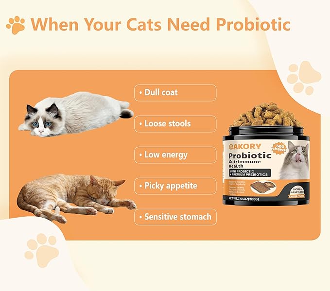 Cat Probiotics for Digestive Health - 500 Chicken Flavor Chews with Prebiotics | Supports Gut Health, Relieves Constipation & Diarrhea, Improves Stool Quality & Nutrient Absorption