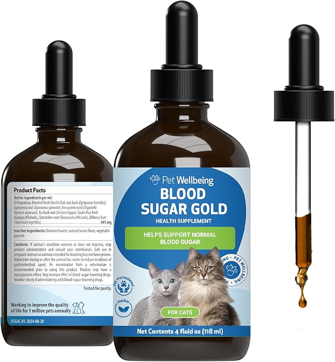 Pet Wellbeing Blood Sugar Gold Cats - Holistic Blood Sugar Support, Pancreas & Liver Health, Gymnema, Fenugreek & Devil’s Club - NASC Certified & Vet-Formulated - 4 oz Liquid