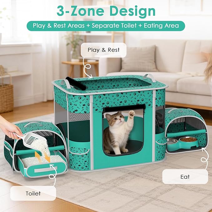 Cat Playpen - Portable Dog Playpen with Litter Box, Foldable Soft Dog Crate for Indoor/Outdoor, Pop Up Cat Enclosure, Collapsible Puppy Kitten Rabbit Cage Tent，3-Room
