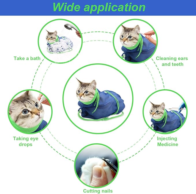 Cat Bathing Bag, Breathable Mesh Cat Shower Bag Anti Scratch Adjustable Cats Grooming Washing Bag for Nail Trimming Polyester Soft