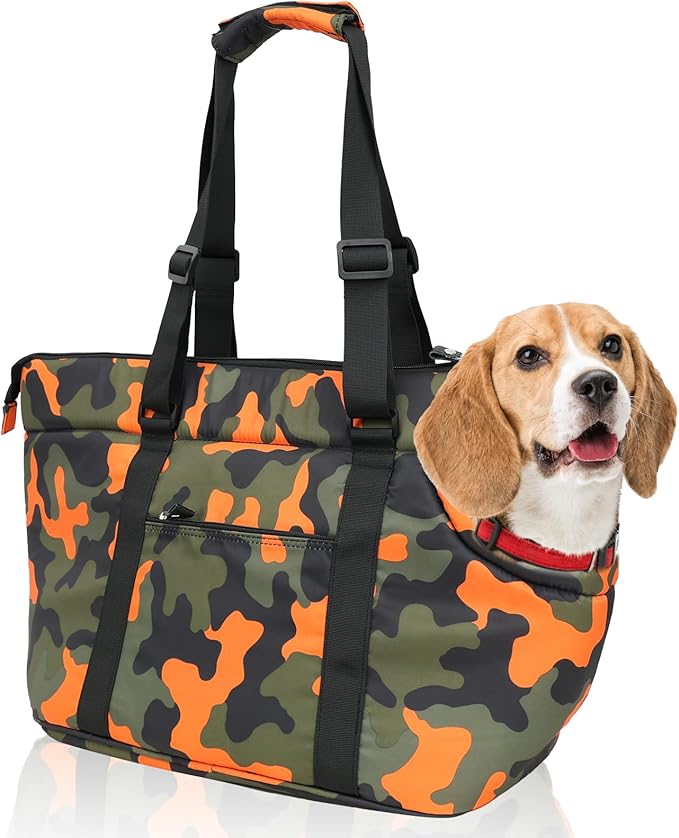 Premium 10mm Padded Dog Purse Carrier for Large Dog, Pet Tote Bag Shoulder Carrying Purse for Dog/Cat Below 7kg/15.5lbs - Camouflage Orange