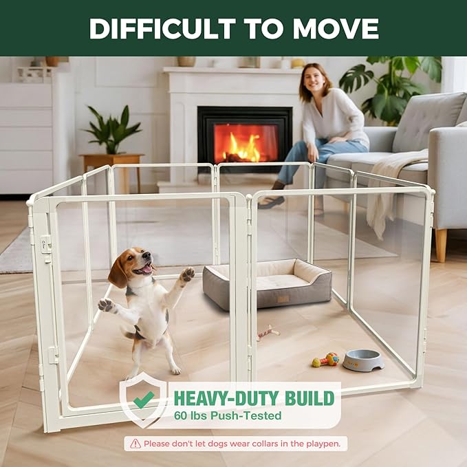 FXW AuraSpace Pro Metal & Acrylic Indoor Dog Playpen, All-Acrylic Clear Heavy-Duty Design, 32" Height 8 Panels for Small and Medium Dogs, White│Patented