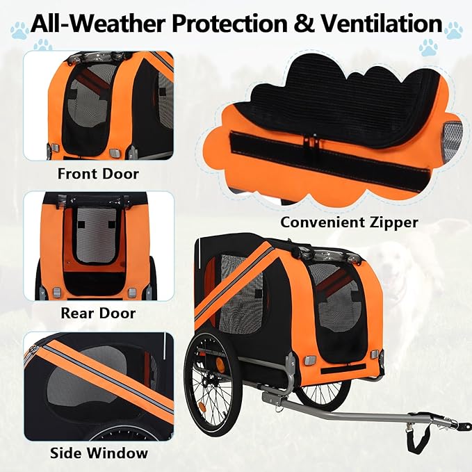 Large Dog Trailer for Bike, Folding Bike Trailer for Dogs with 18.9" Wheels, 120LB Capacity All-Terrain Pet Carrier, Universal Bicycle Coupler