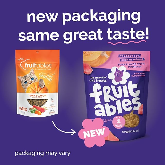 Fruitables Cat Treats - Healthy Low Calorie Crunchy Cat Treats - Packed with Protein, Free of Wheat, Corn and Soy - Made with Real Tuna & Pumpkin - 2.5 oz (5 Pack)